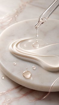 Gocce di booster versate su una texture in crema