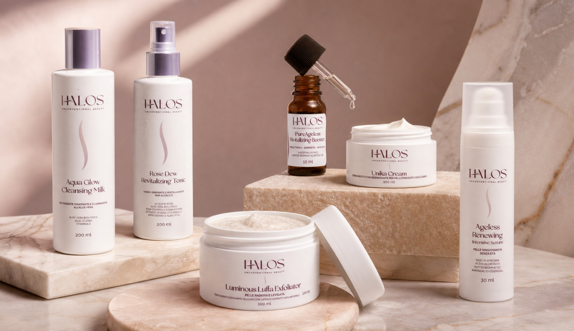 Rituale Halos con detergente, tonico, esfoliante, crema, booster e siero viso