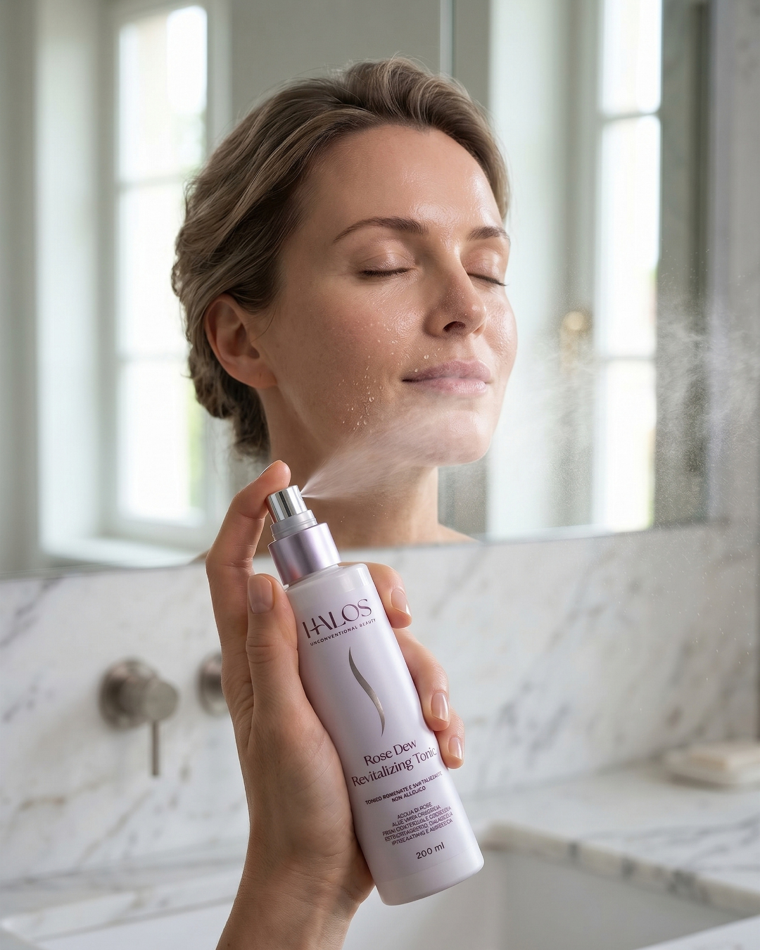 Donna che applica Rose Dew Revitalizing Tonic con lo spray sul viso