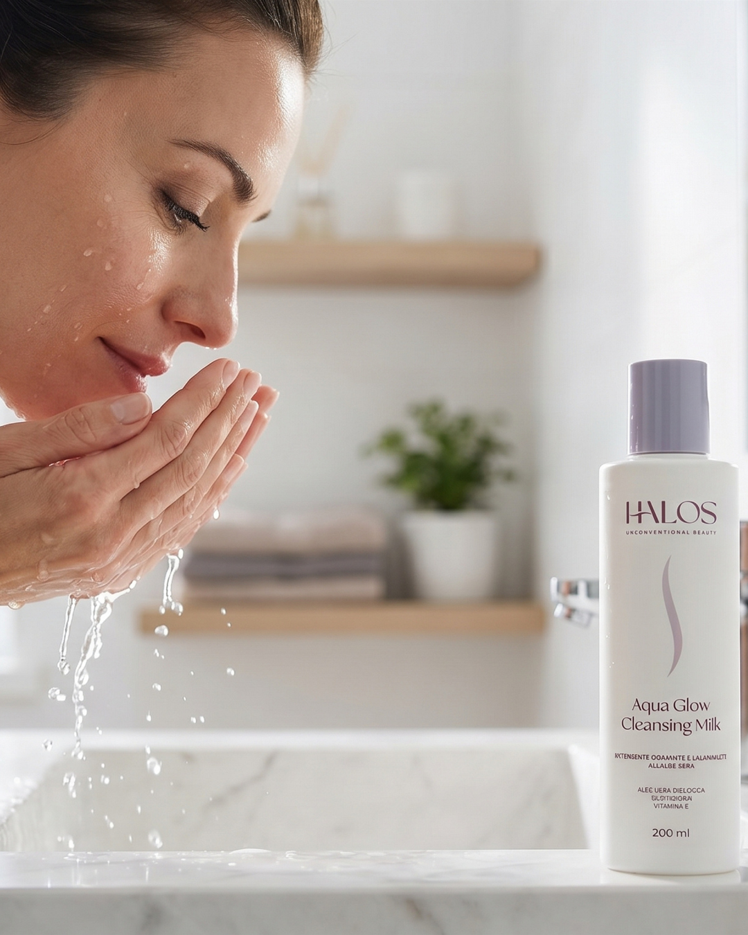 Donna che risciacqua il viso accanto al flacone Aqua Glow Cleansing Milk