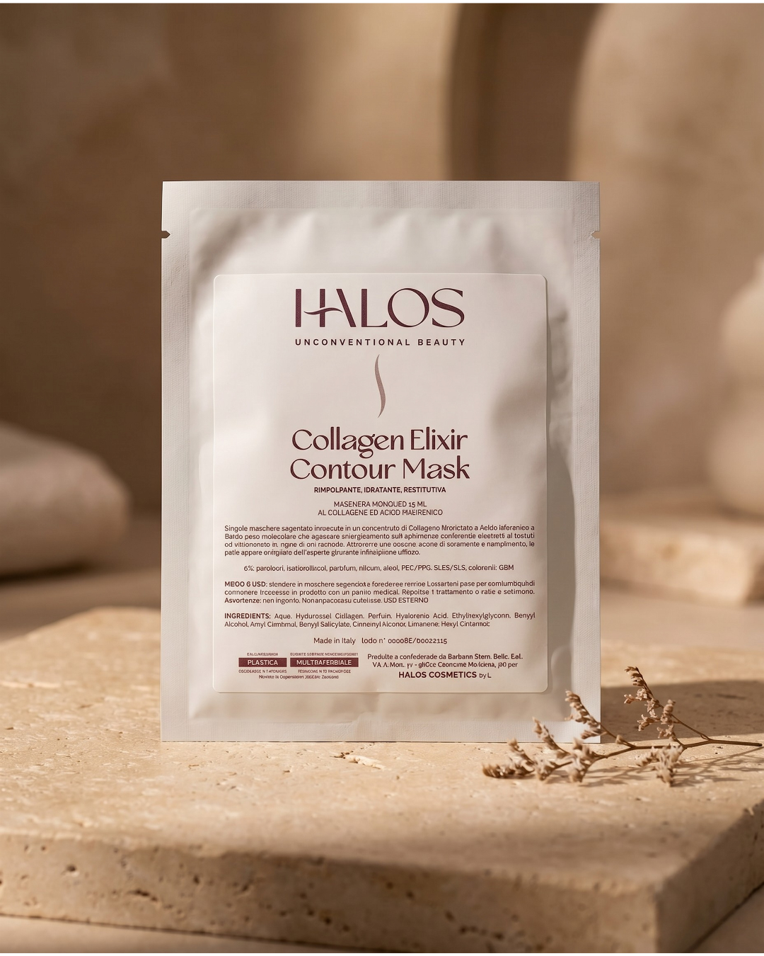 Confezione di Collagen Elixir Contour Mask Halos su una base in pietra