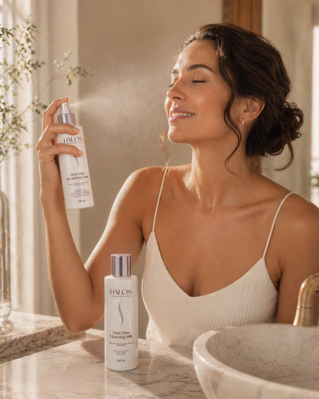Donna che vaporizza Rose Dew Revitalizing Tonic sul viso accanto ad Aqua Glow