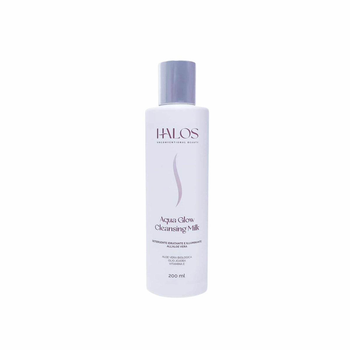 Vista frontale del flacone Aqua Glow Cleansing Milk Halos da 200 ml