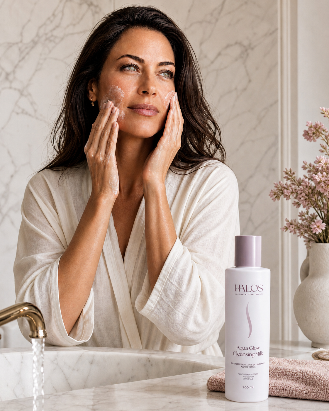 Donna che massaggia il viso durante la detersione con Aqua Glow Cleansing Milk