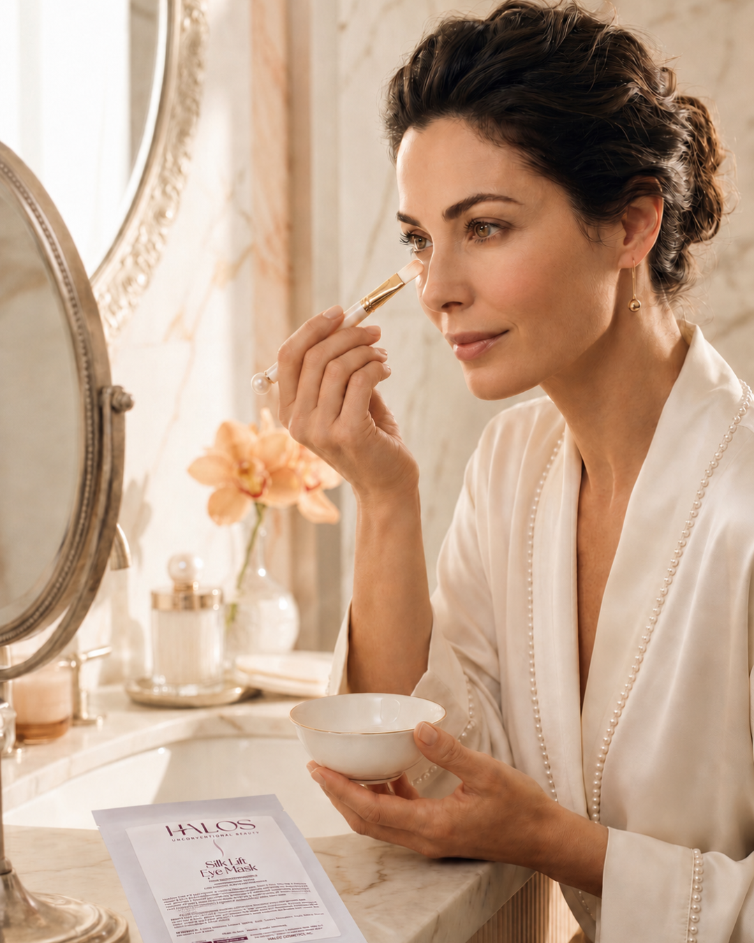 Donna che prepara Silk Lift Eye Mask in una ciotola con una spatola