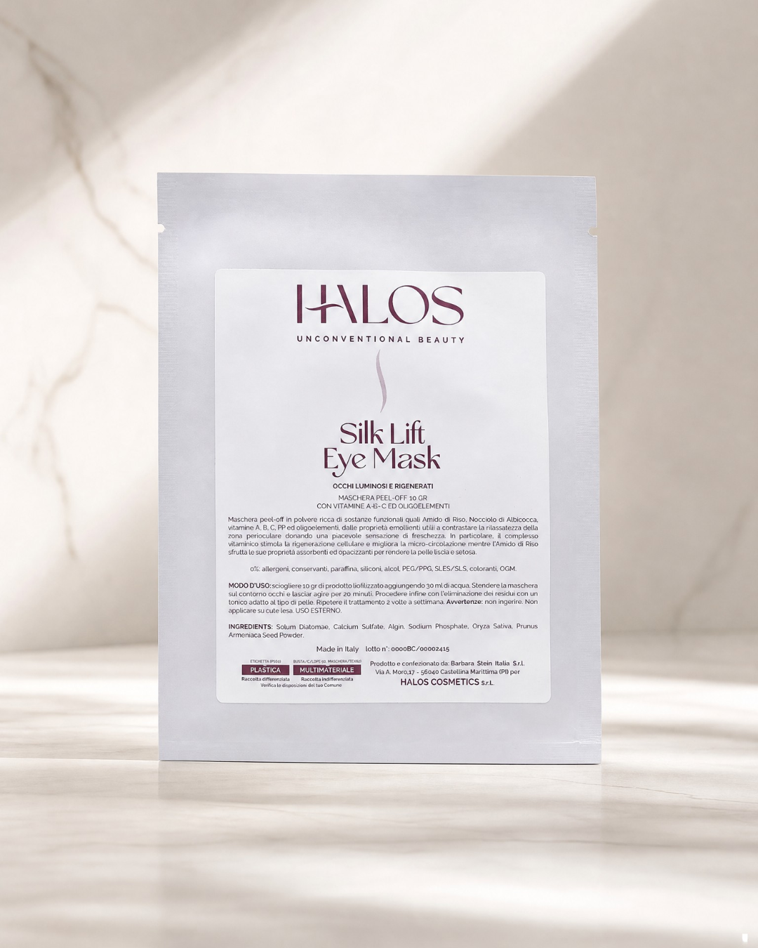 Confezione monodose di Silk Lift Eye Mask Halos su marmo chiaro
