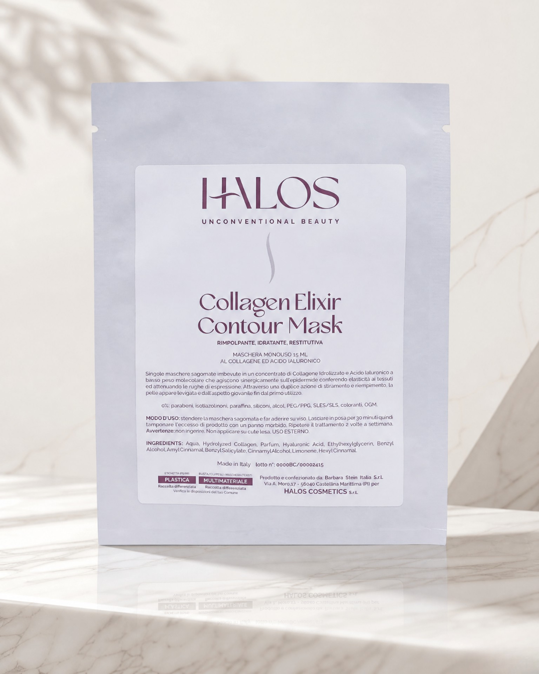 Confezione monodose di Collagen Elixir Contour Mask Halos su marmo chiaro