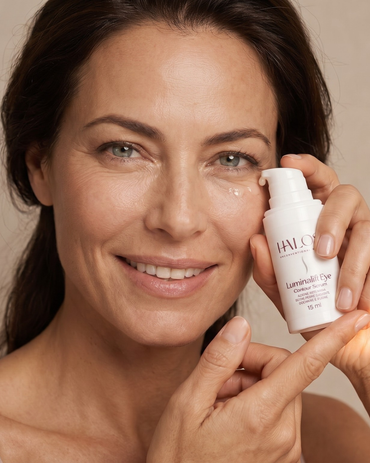 Donna che applica Luminalift Eye Contour Serum sotto l’occhio
