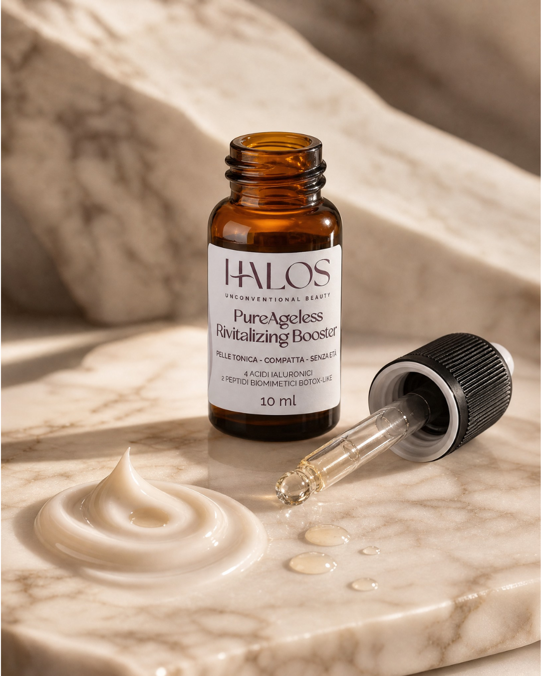PureAgeless Revitalizing Booster Halos con contagocce e texture in crema