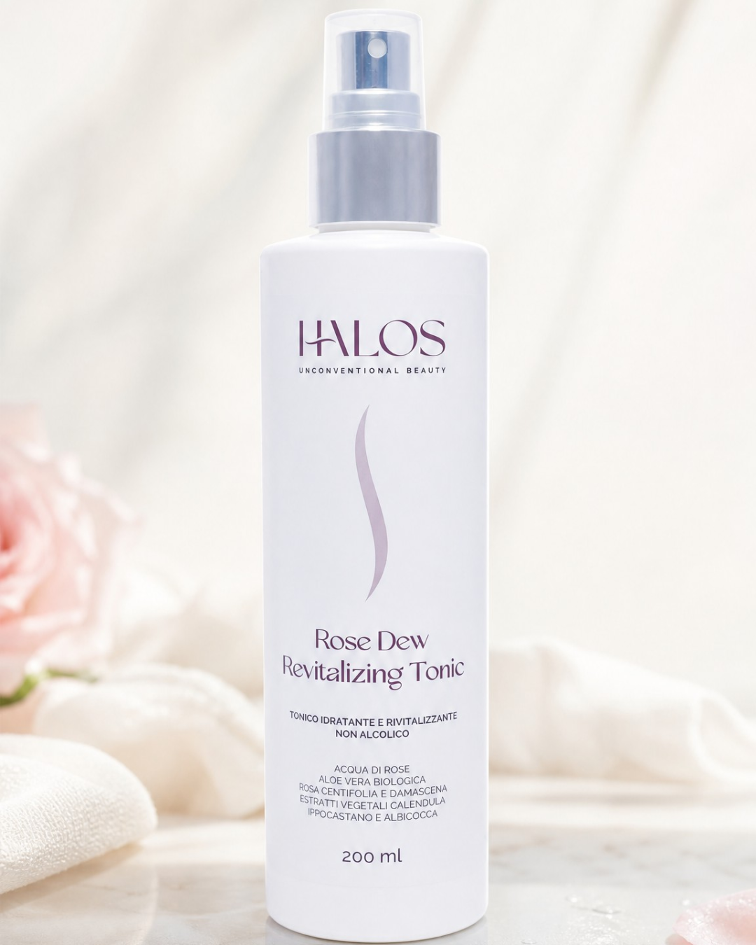 Flacone spray di Rose Dew Revitalizing Tonic Halos da 200 ml