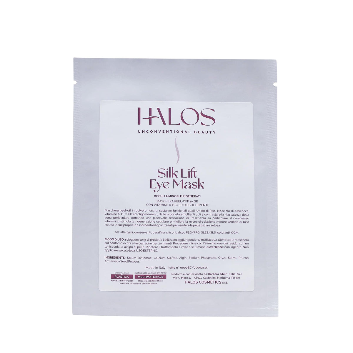 Vista frontale della confezione monodose Silk Lift Eye Mask Halos
