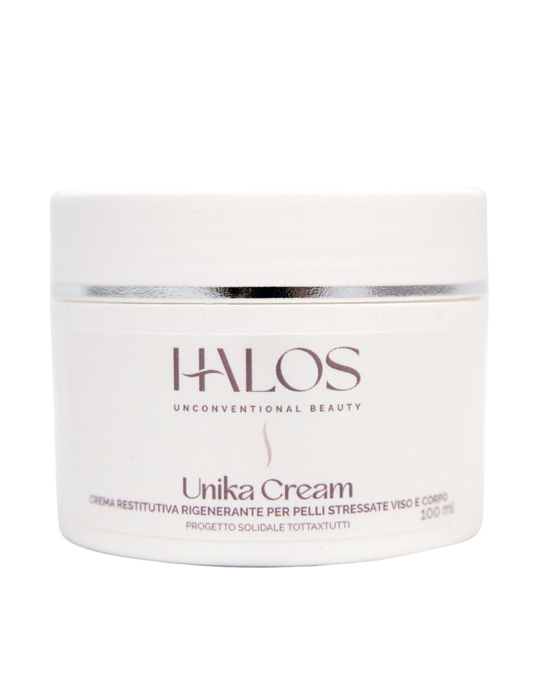Vista frontale del vasetto Unika Cream Halos da 100 ml su sfondo bianco