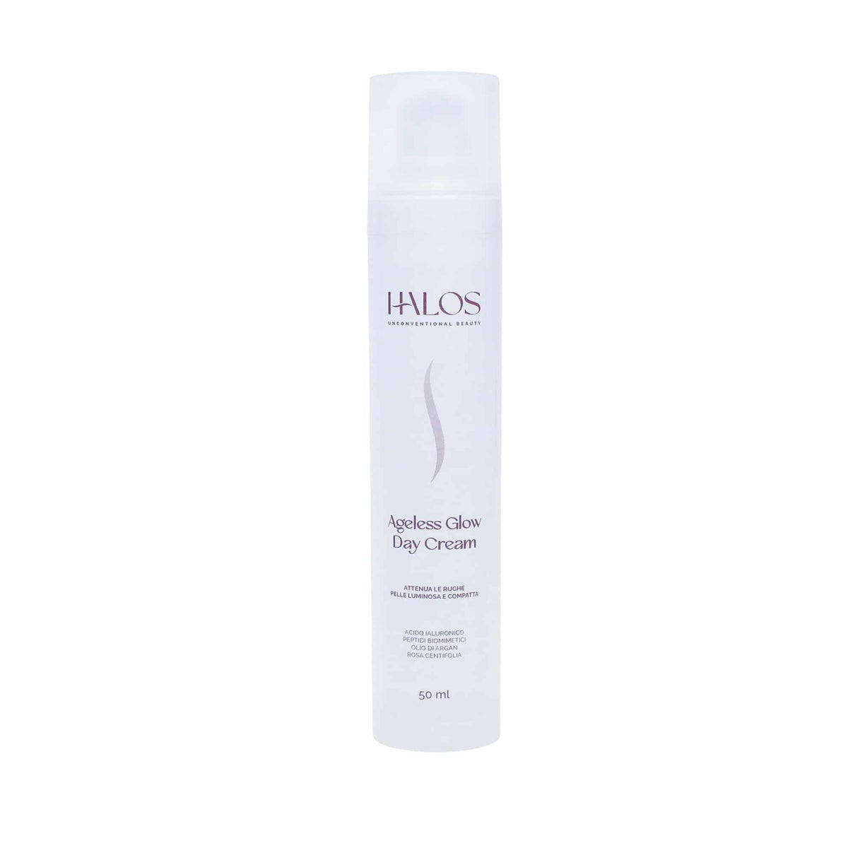 Vista frontale del flacone airless Ageless Glow Day Cream Halos