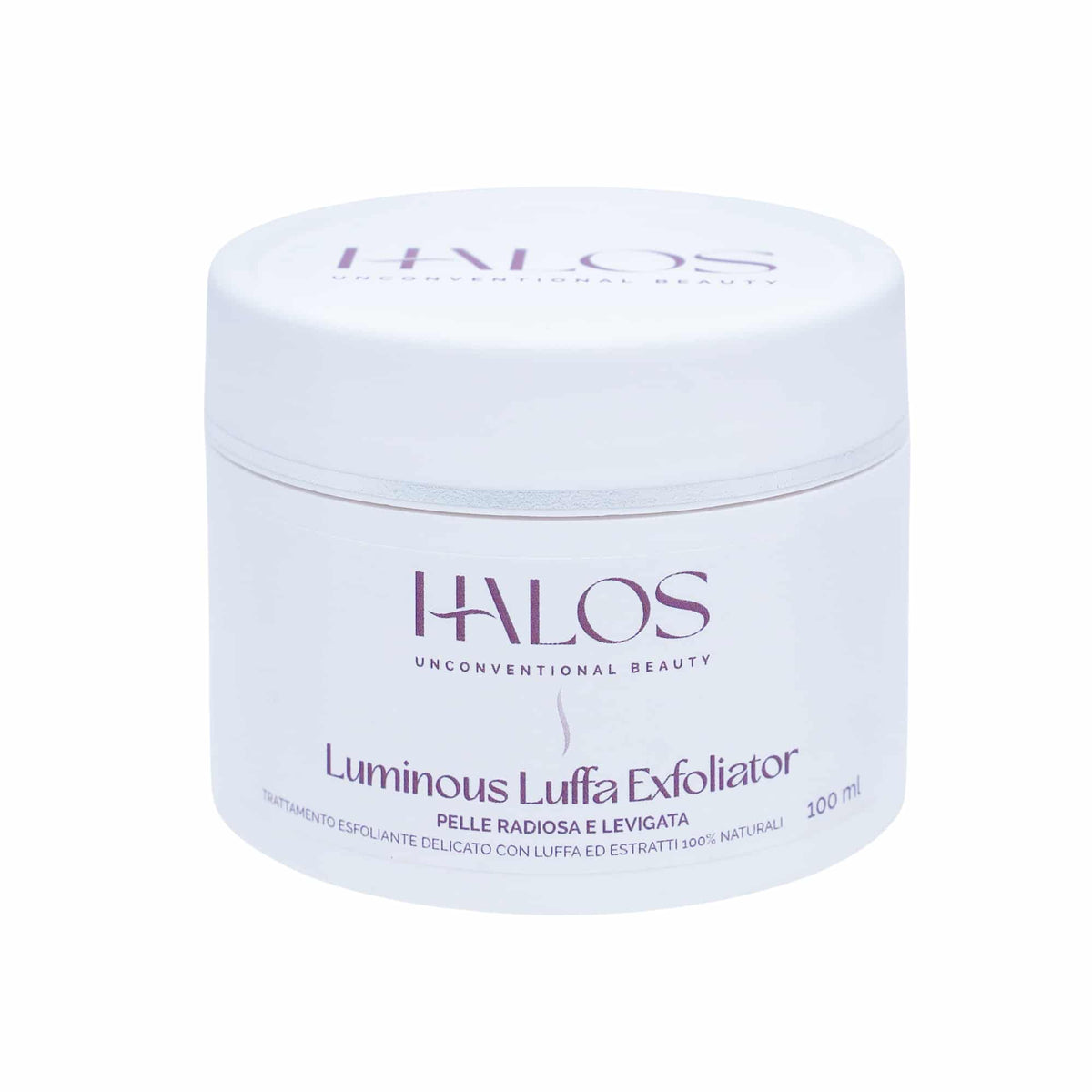 Vista frontale del vasetto Luminous Luffa Exfoliator Halos