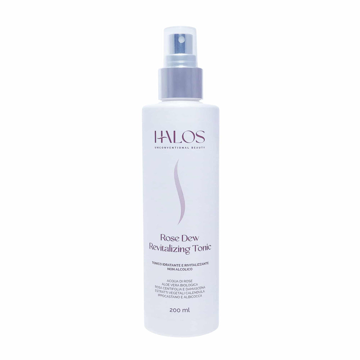 Vista frontale del flacone spray Rose Dew Revitalizing Tonic Halos da 200 ml