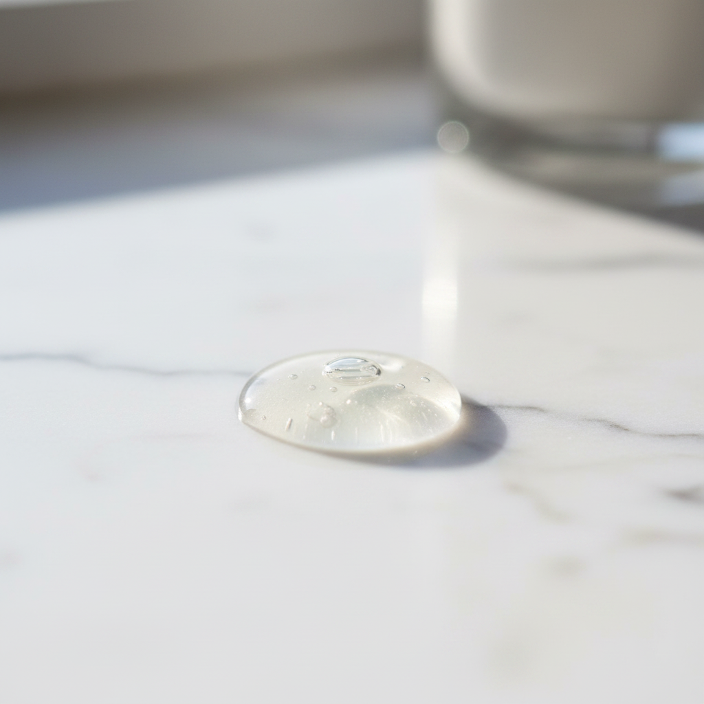 Texture trasparente di Ageless Renewing Intensive Serum su una superficie in marmo