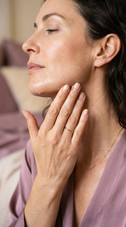 Donna che massaggia delicatamente viso e collo